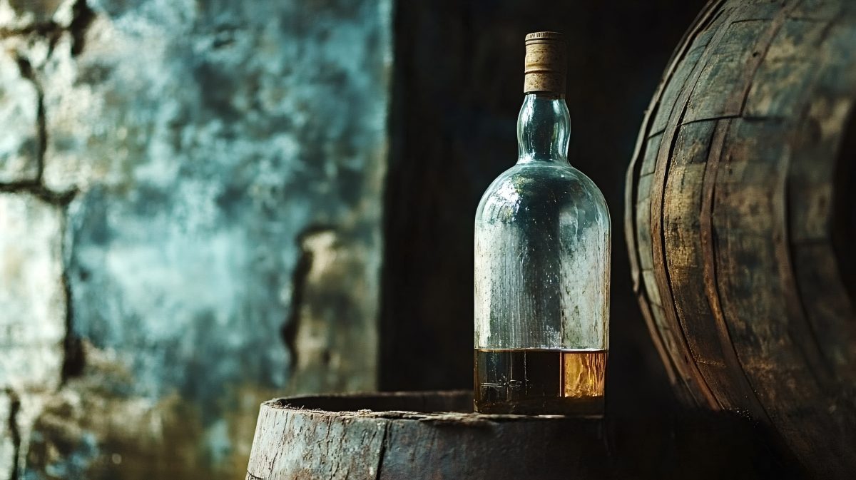 Partially full whiskey bottle resting on oak barrel in cellar