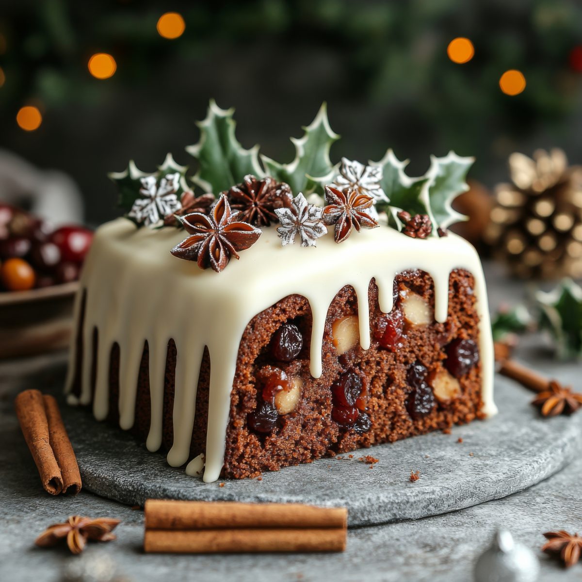 Delicious, festive cake with cream frosting and spices surrounded by holiday decorations