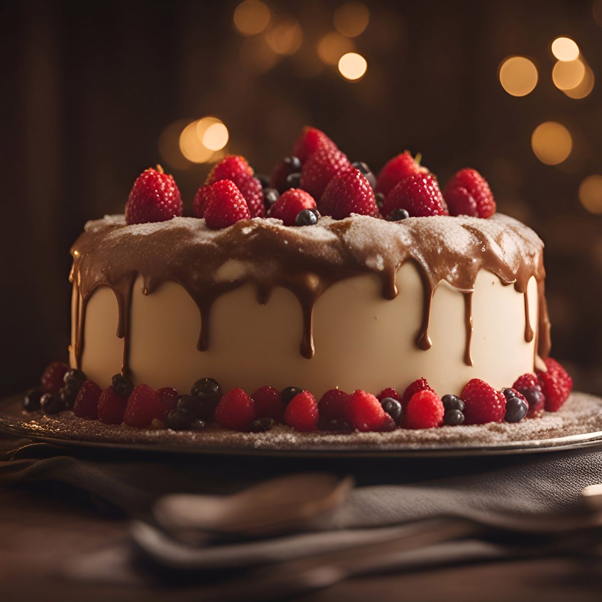 Chocolate cake with raspberries and strawberries on a wooden tab