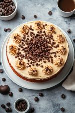 Delicious coffee flavored cake with whipped frosting and chocolate sprinkles on a gray table