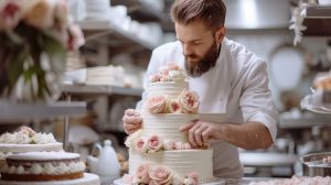 Young handsome pastry chef bakes a wedding three tiered white ca