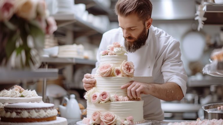 Young handsome pastry chef bakes a wedding three tiered white ca