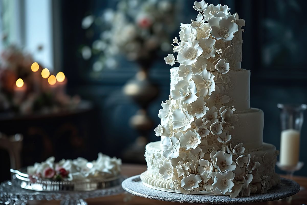 Elegant white wedding cake four tiers high and decorated with flowers. Generated by artificial intelligence