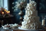 Elegant white wedding cake four tiers high and decorated with flowers. Generated by artificial intelligence