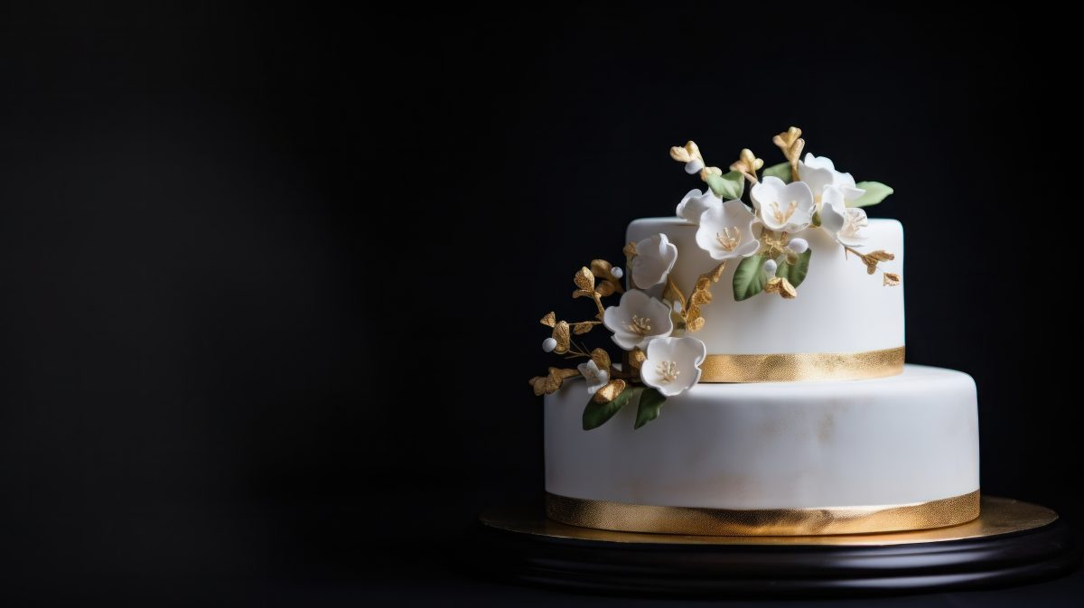 A simple and elegant white wedding cake with gold accents.