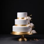 A simple and elegant white wedding cake with gold accents.