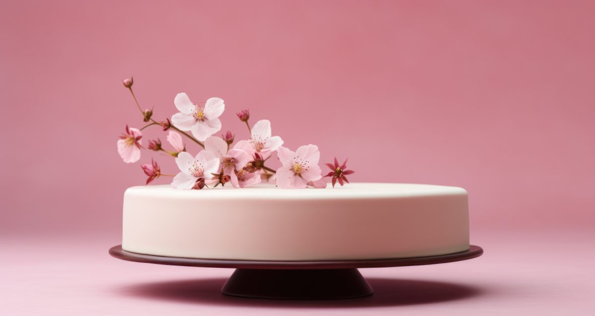 the camera shows a white cake standing next to spring flower