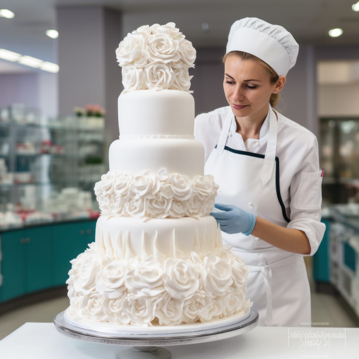 confectioner bakes a large white three tiered wedding cake