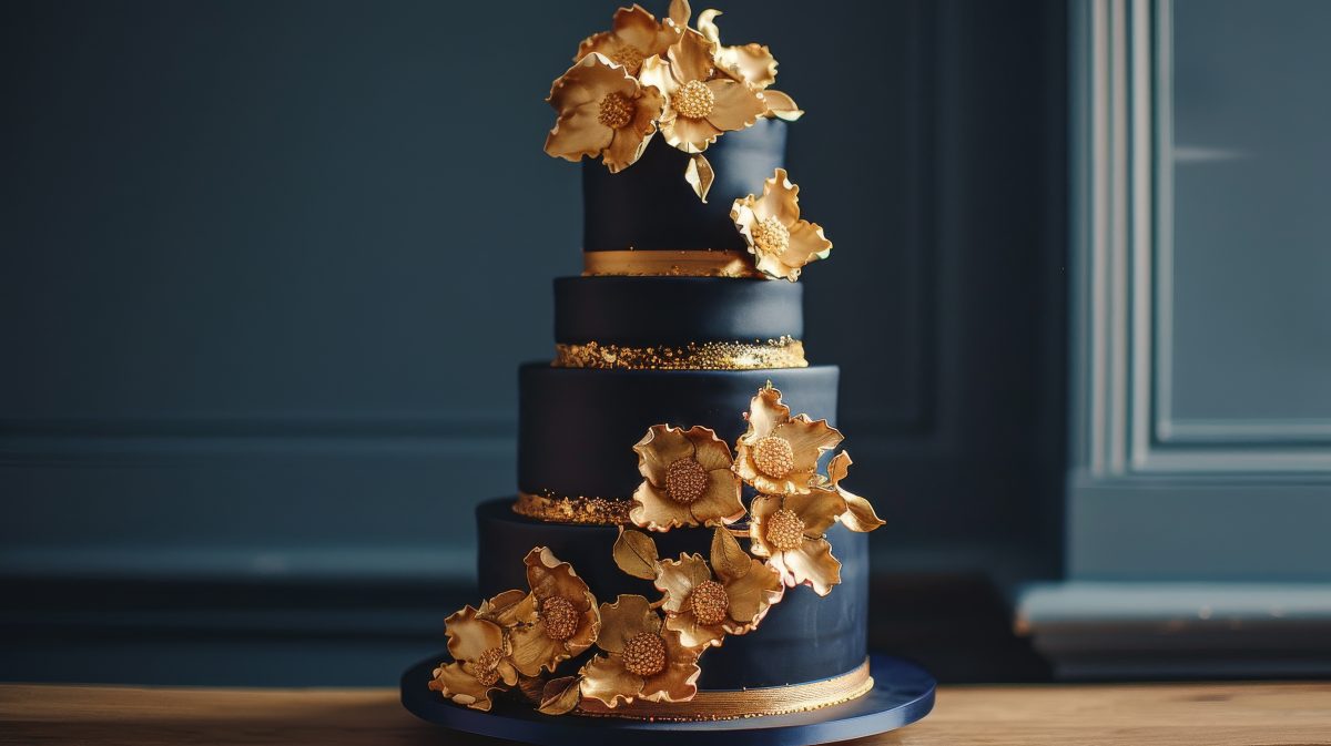 Elegant White and Gold Wedding Cake Surrounded by Flowers