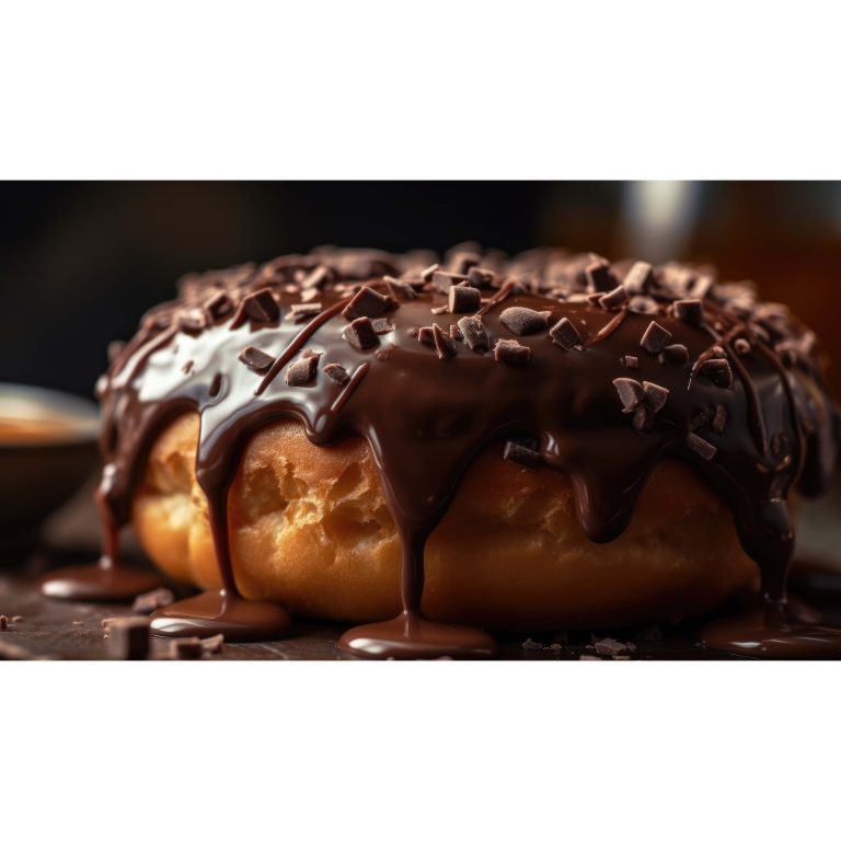 A close up photo of the chocolate coating on the donut. Generative AI