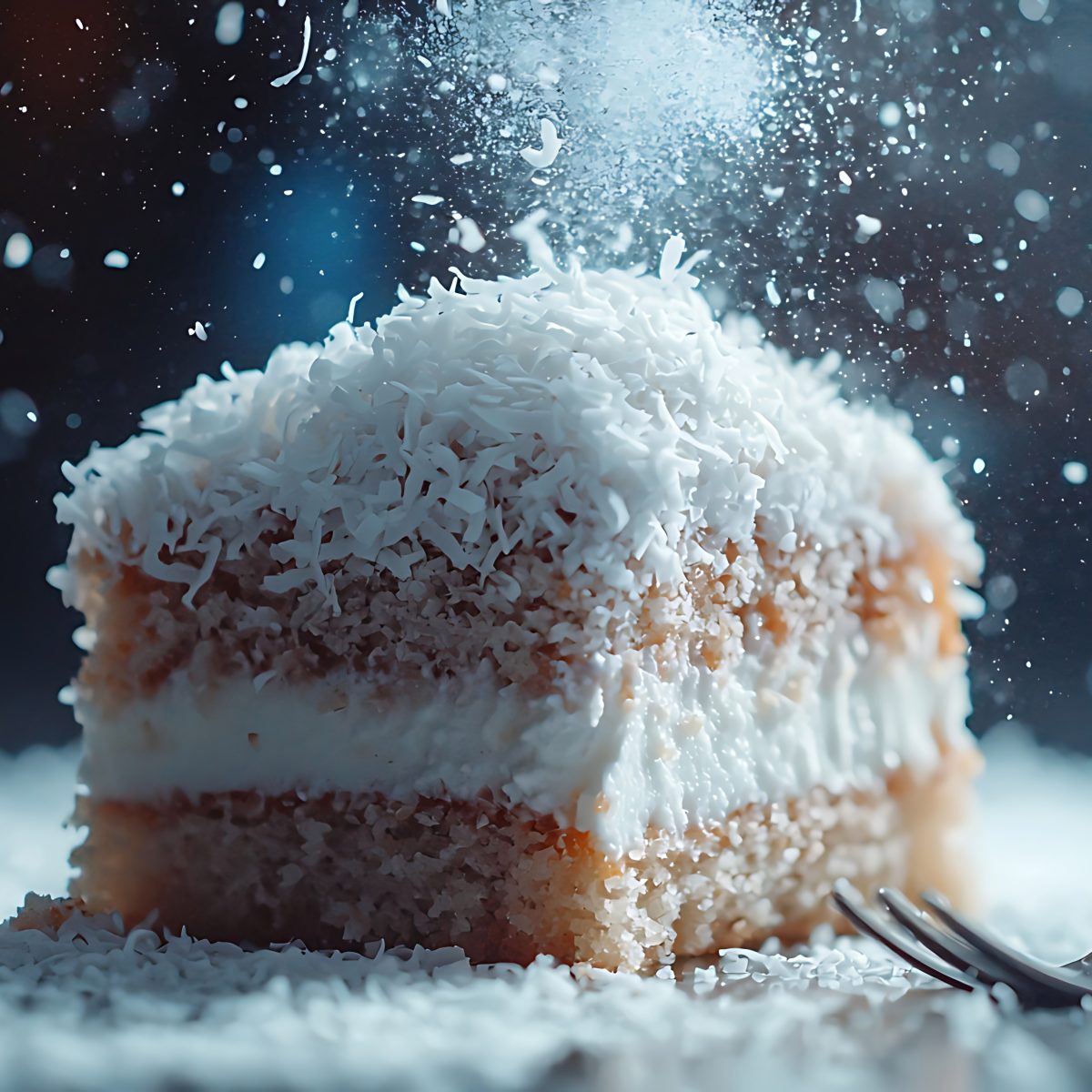 Delicious Coconut Cake Dessert with Falling Coconut Flakes. A close up photo of a layered cake with creamy frosting and abundant coconut topping.