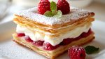 Golden Crispy Raspberry Mille Feuille with Whipped Cream and Powdered Sugar