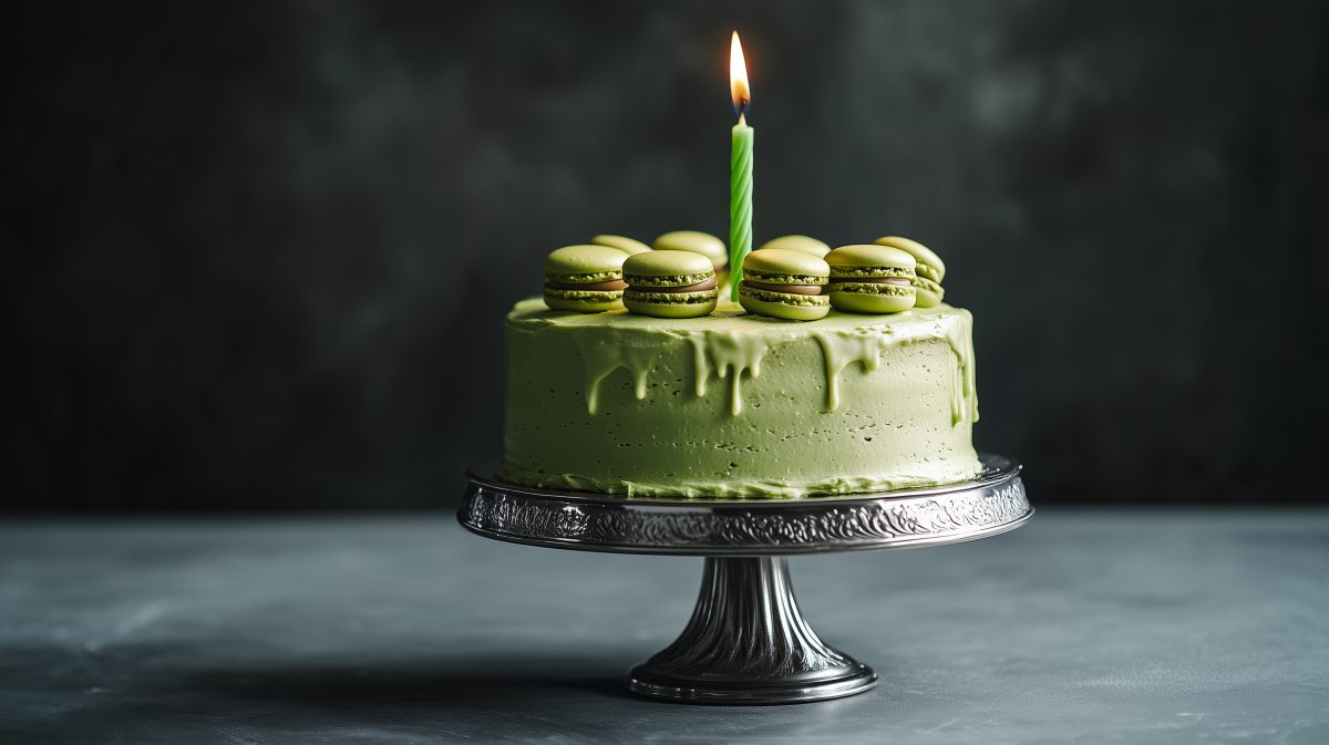 Celebrating with a green macaron cake topped with a candle