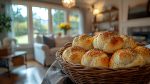 Golden Poppy Seed Rolls in a Rustic Basket, Cozy Home Setting.