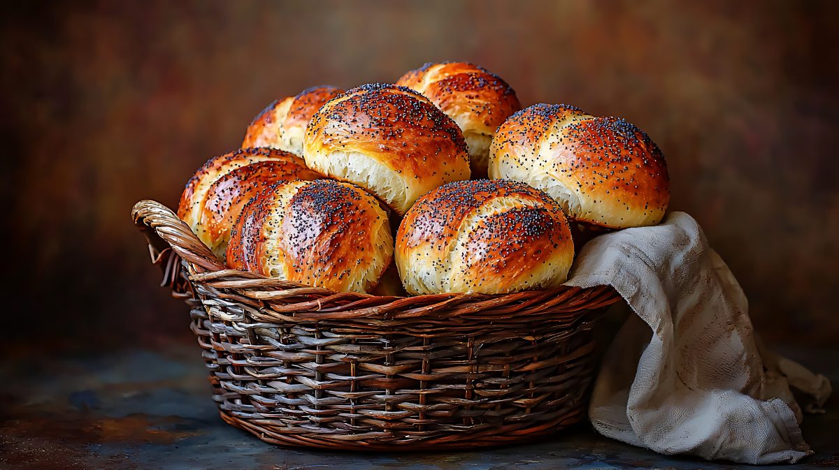 Golden Poppy Seed Rolls in a Rustic Basket A Close Up of Freshly Baked Bread.