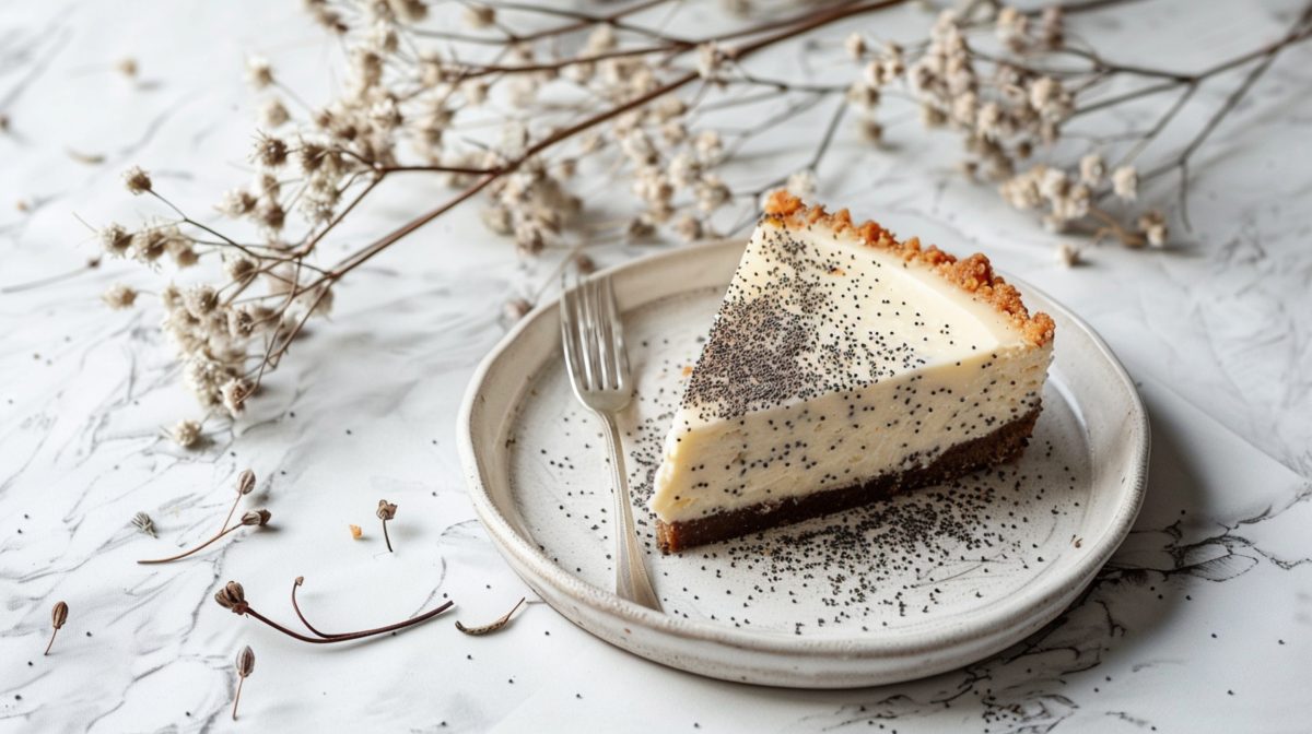 poppy seed cheesecake on plate with a fork against a white background with dried flowers