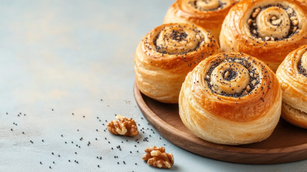 Sweet buns with poppy seeds on wood plate, light blue background. For bakery shop, recipe blog
