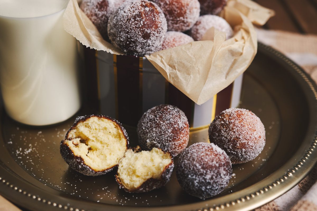 Closeup shot of quark balls with milk