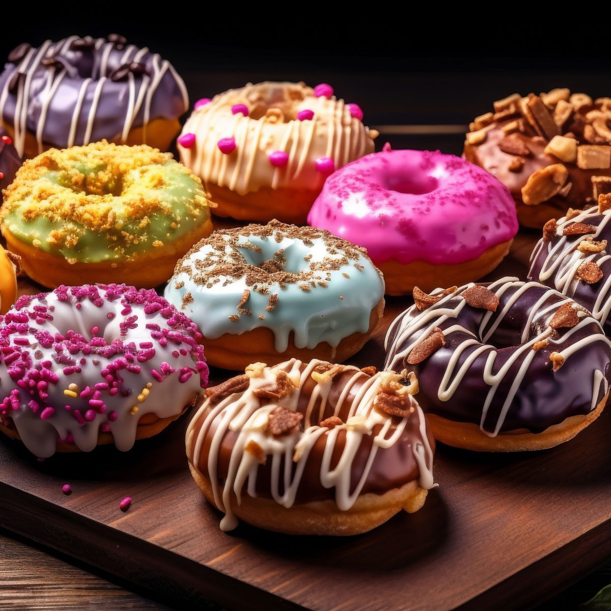 Assorted donuts collage with colorful glazes and toppings in det