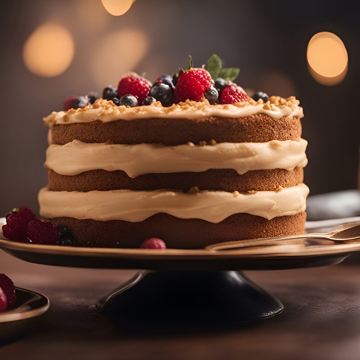 Delicious cake with cream and berries on a dark background. clos