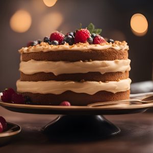 Delicious cake with cream and berries on a dark background. clos