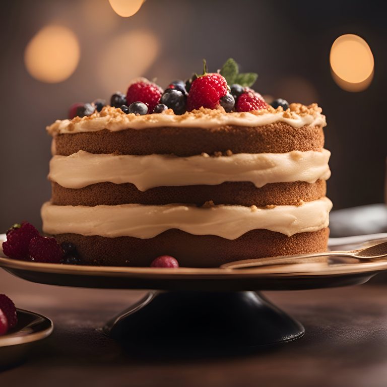 Delicious cake with cream and berries on a dark background. clos