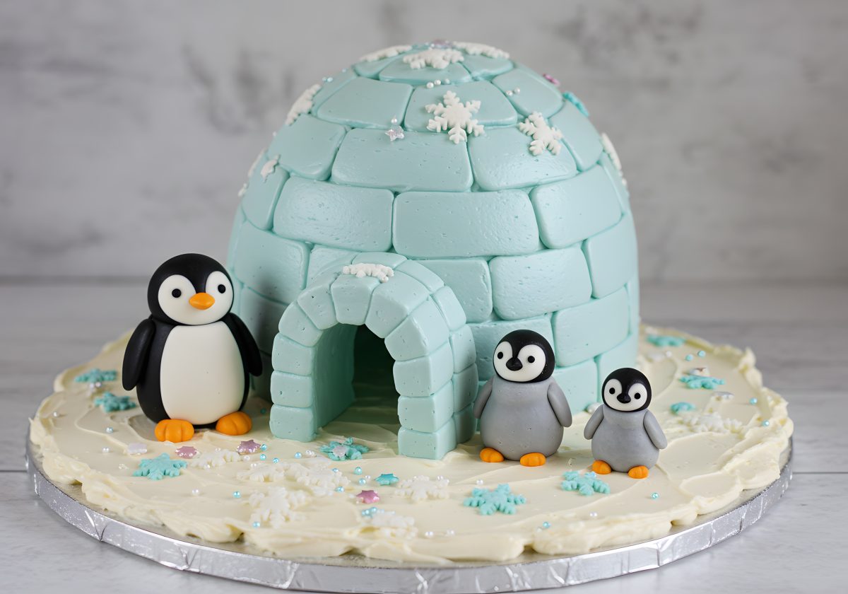 Igloo cake with penguins