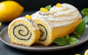 Delightful lemon poppy seed roll cake with mint garnish on a simple plate