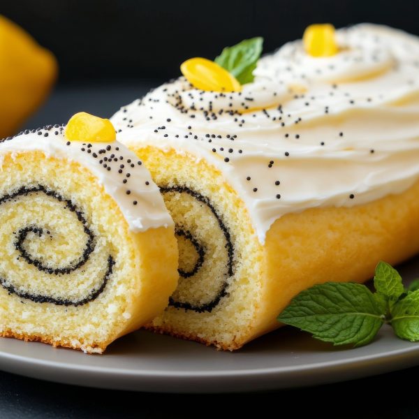 Delightful lemon poppy seed roll cake with mint garnish on a simple plate