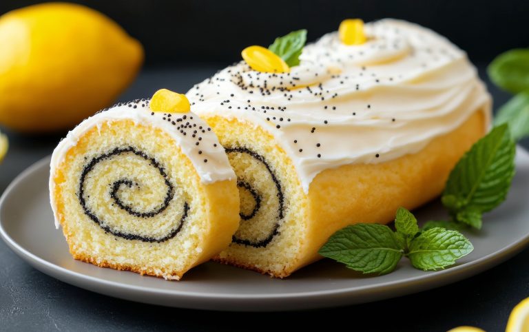 Delightful lemon poppy seed roll cake with mint garnish on a simple plate