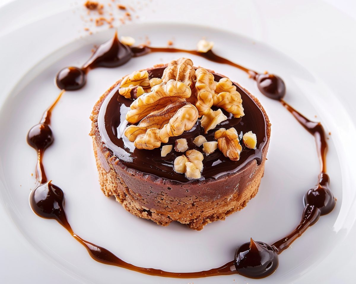 a dessert on a white plate with chocolate and nuts