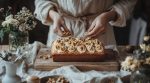 Woman decorating a freshly baked walnut loaf with nuts in a cozy kitchen setting