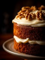 Delicious Two Layered Carrot Cake with Cream Cheese Frosting and Walnuts.