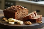 Delicious homemade banana bread with sliced bananas and walnuts on a wooden board