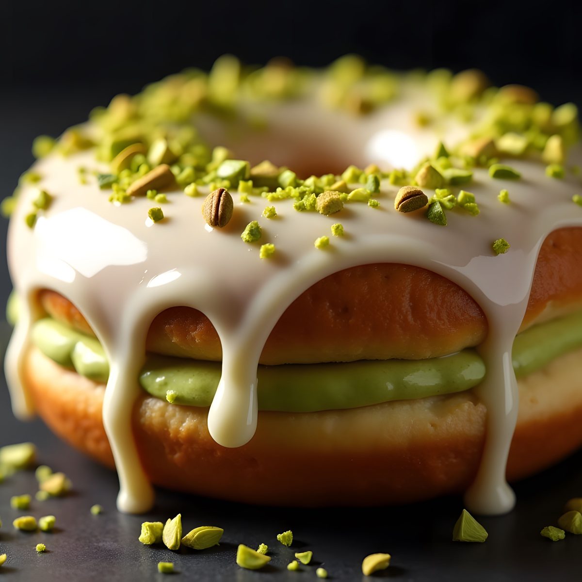 Delicious Pistachio Cream Filled Donut with White Chocolate Glaz