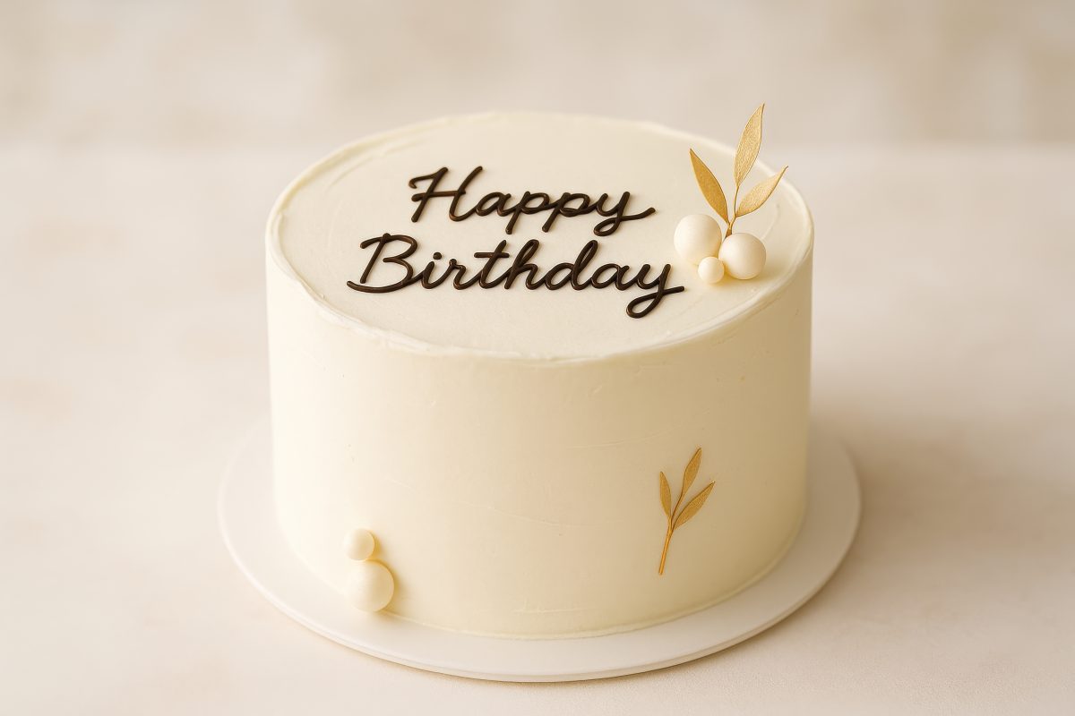 Delicate White Birthday Cake With Elegant Decorations and Joyful Message at a Celebration Party