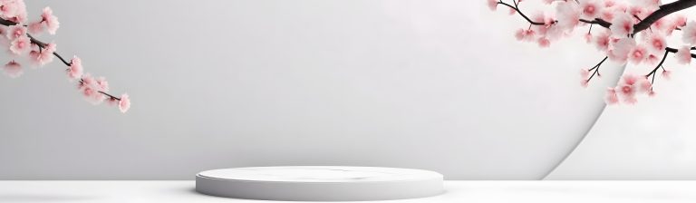 Home interior with decor elements. Cherry blossoms in a vase on a light background. Display product background for commercial