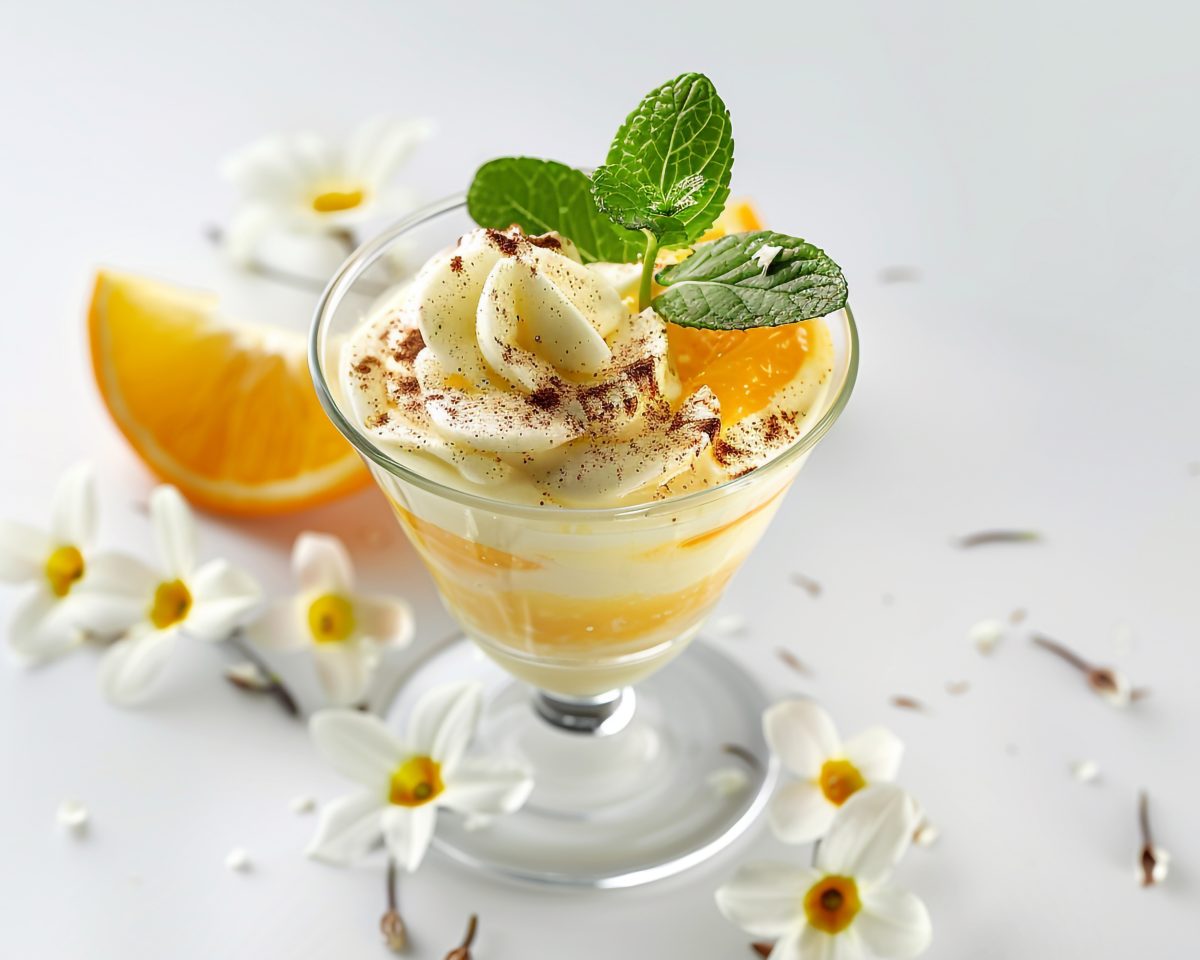 a dessert with orange slices and mint leaves