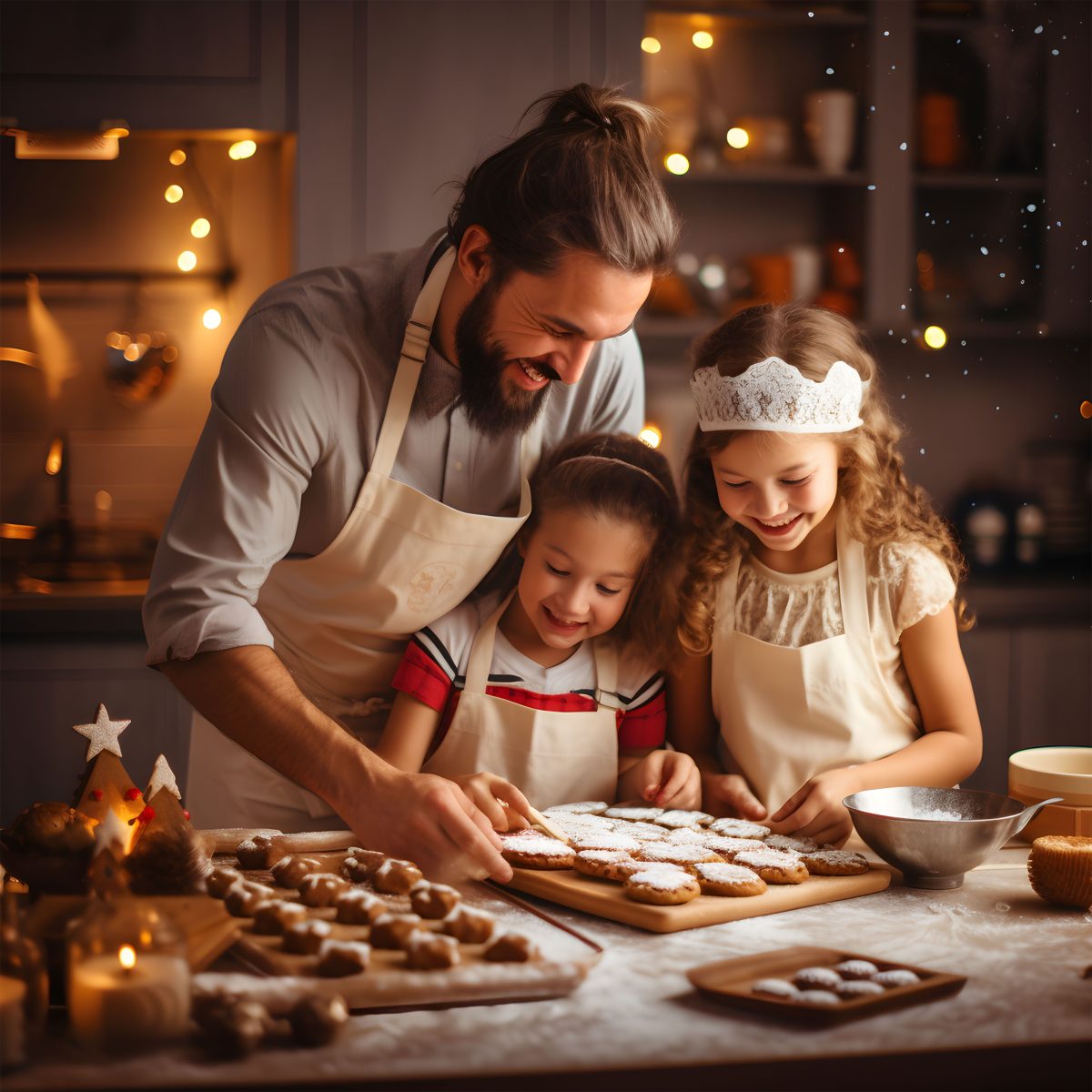 happy funny family dad and children bake christmas cookies on co