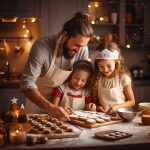 happy funny family dad and children bake christmas cookies on co