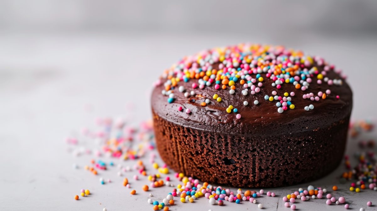 A delightful chocolate cake topped with vibrant rainbow sprinkle