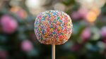Close Up of a Cake Pop Covered in Colorful Sprinkles Against a Blurred Garden Background.