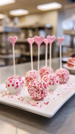 Heart shaped Cake Pops Decorated With Sprinkles on a White Plate in a Kitchen Setting.