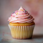 Cupcake with Pink Frosting and Colorful Sprinkles on a Blurred Pastel Backdrop