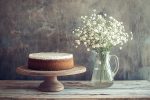 Delicious Cake on Rustic Wooden Stand with White Flowers. A delightful image perfect for blogs, websites, or culinary publications.