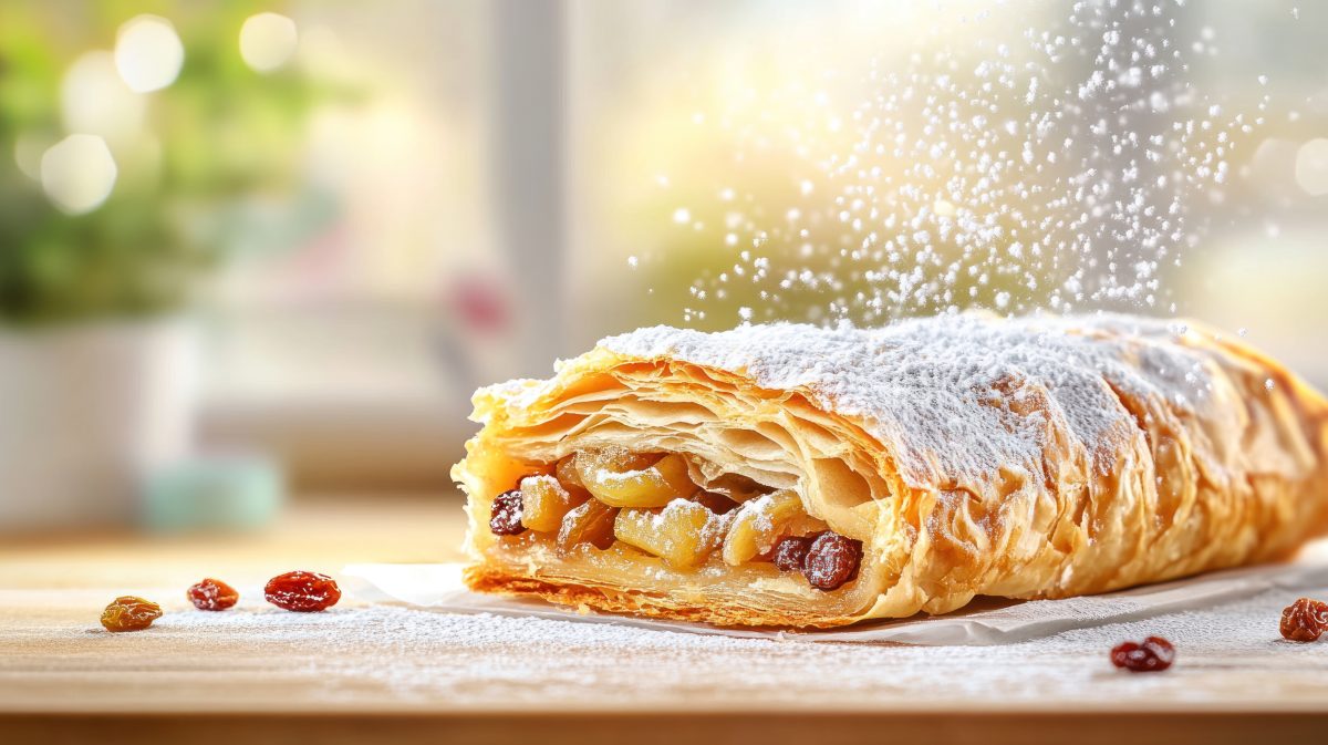 Strudel being dusted with sugar. Dessert on table. Bright, sunny, cozy backdrop. Recipe illustration