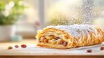Strudel being dusted with sugar. Dessert on table. Bright, sunny, cozy backdrop. Recipe illustration