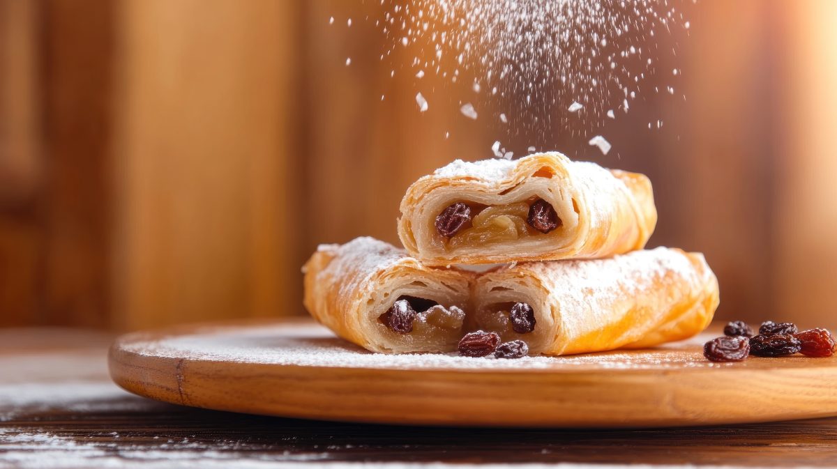 Sweet pastries with raisin filling dusted with icing sugar, in a home setting, for blog
