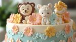 Colorful bear themed cake with adorable decorations and festive atmosphere