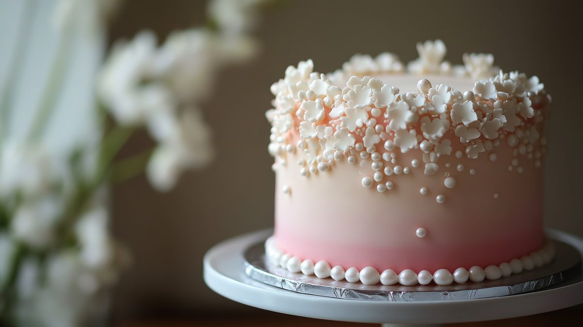 Delightful Pink and White Layered Cake Decorated With Pearls on a Rustic Wooden Table